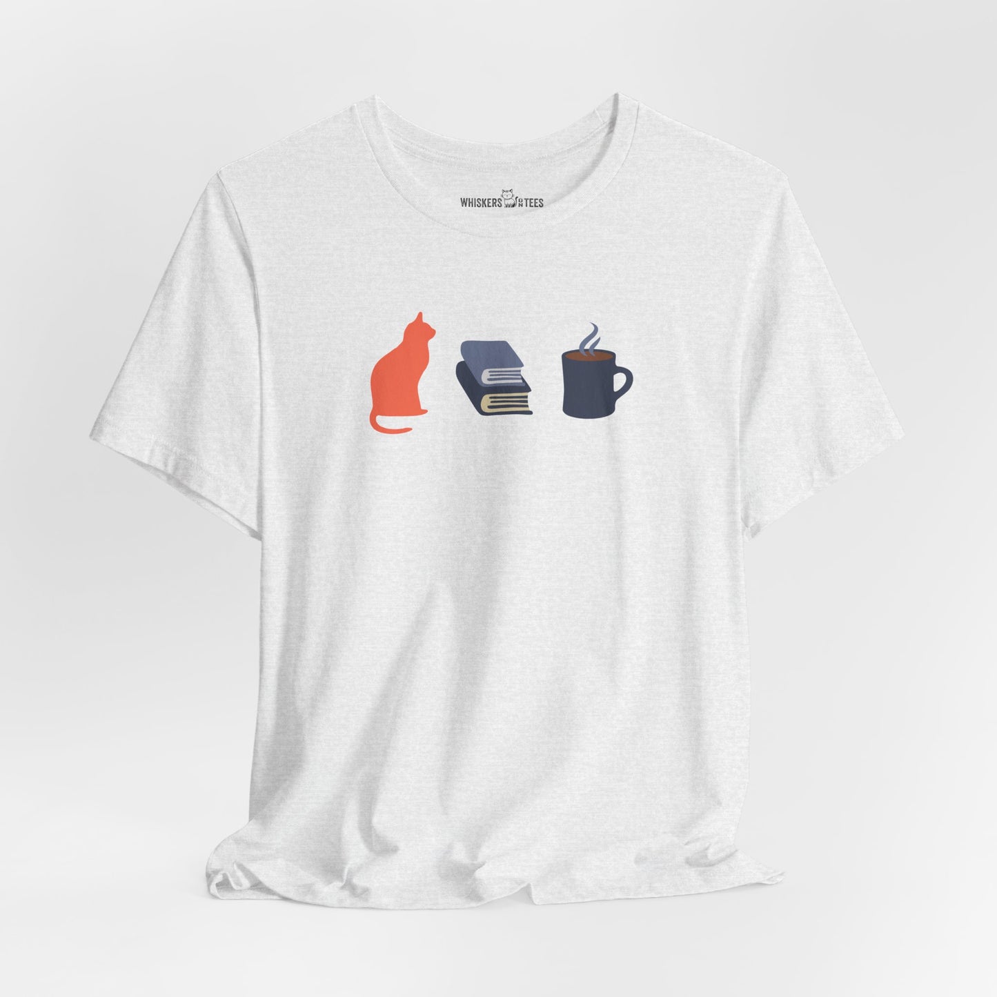 a light gray heather finish t-shirt with orange cat, blue books, dark blue steaming coffee mug