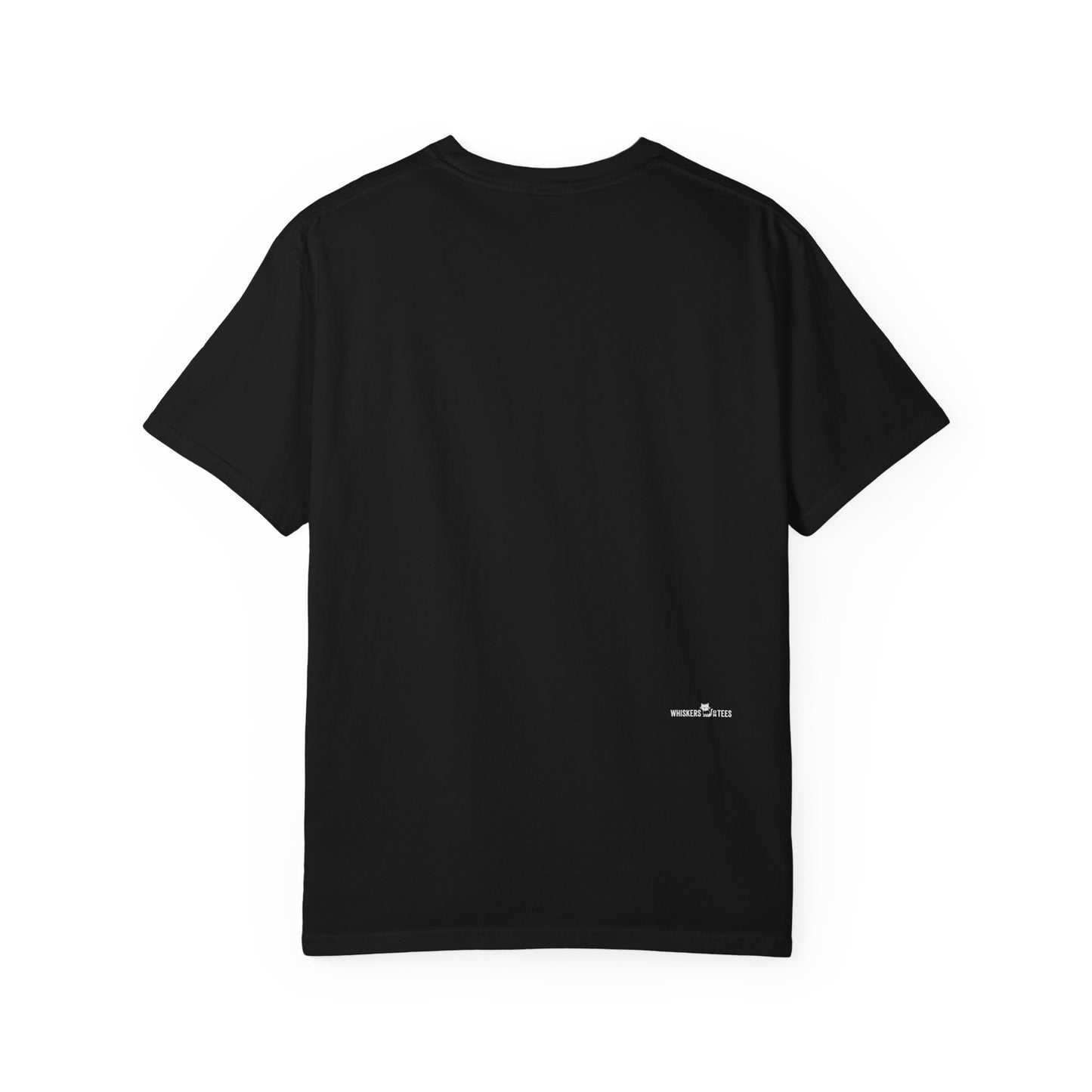 backside of black t-shirt with logotype for Whiskers On Tees