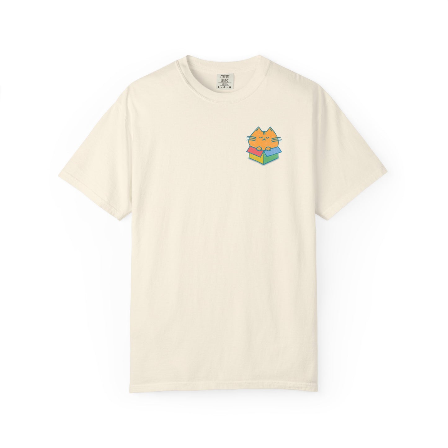 an ivory graphic t-shirt with chubby orange cat in a color box on the front of the shirt