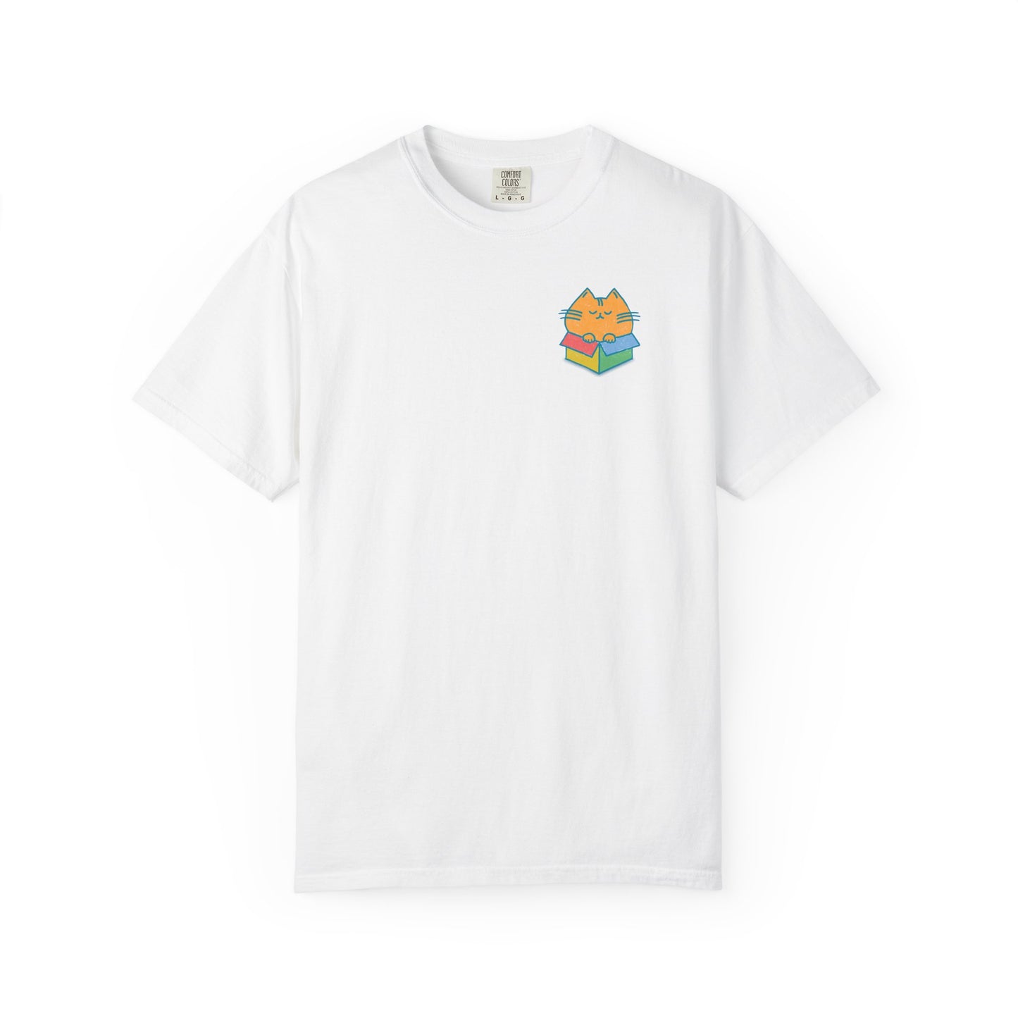 front view of a white graphic t-shirt with chubby orange cat in a color box