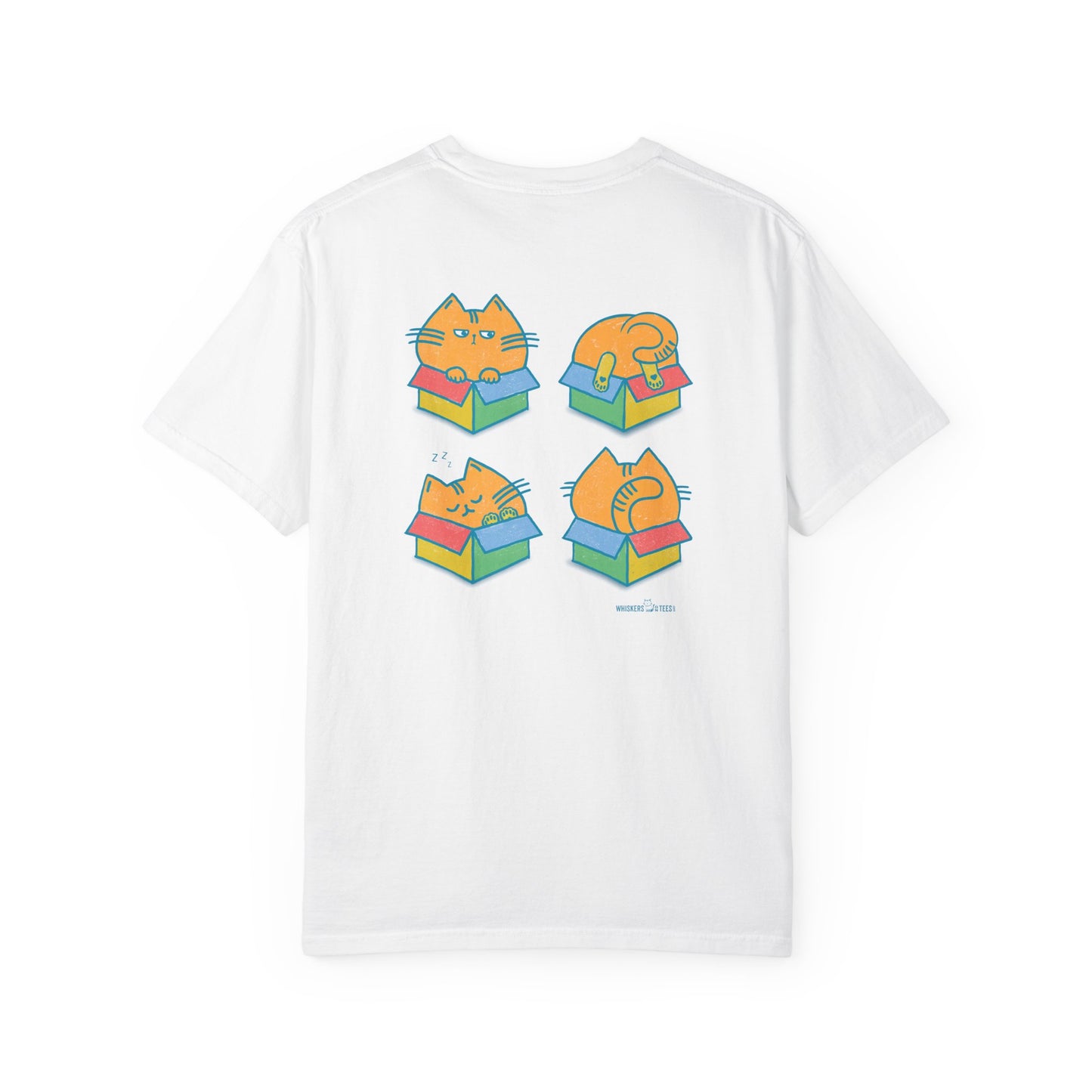 backside of a white graphic t-shirt with four chubby orange cats each in its own colorful box