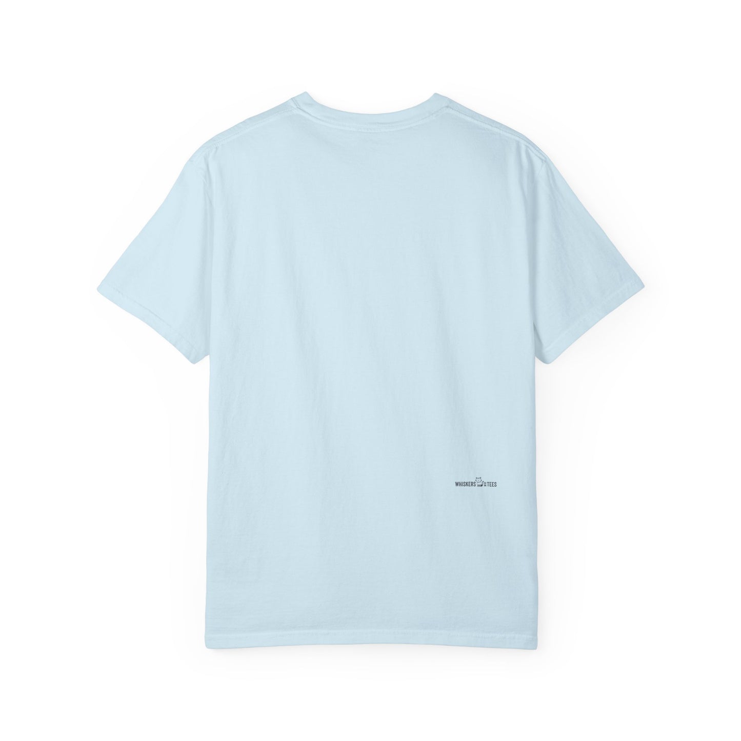 backside of light blue t-shirt with logotype for Whiskers On Tees