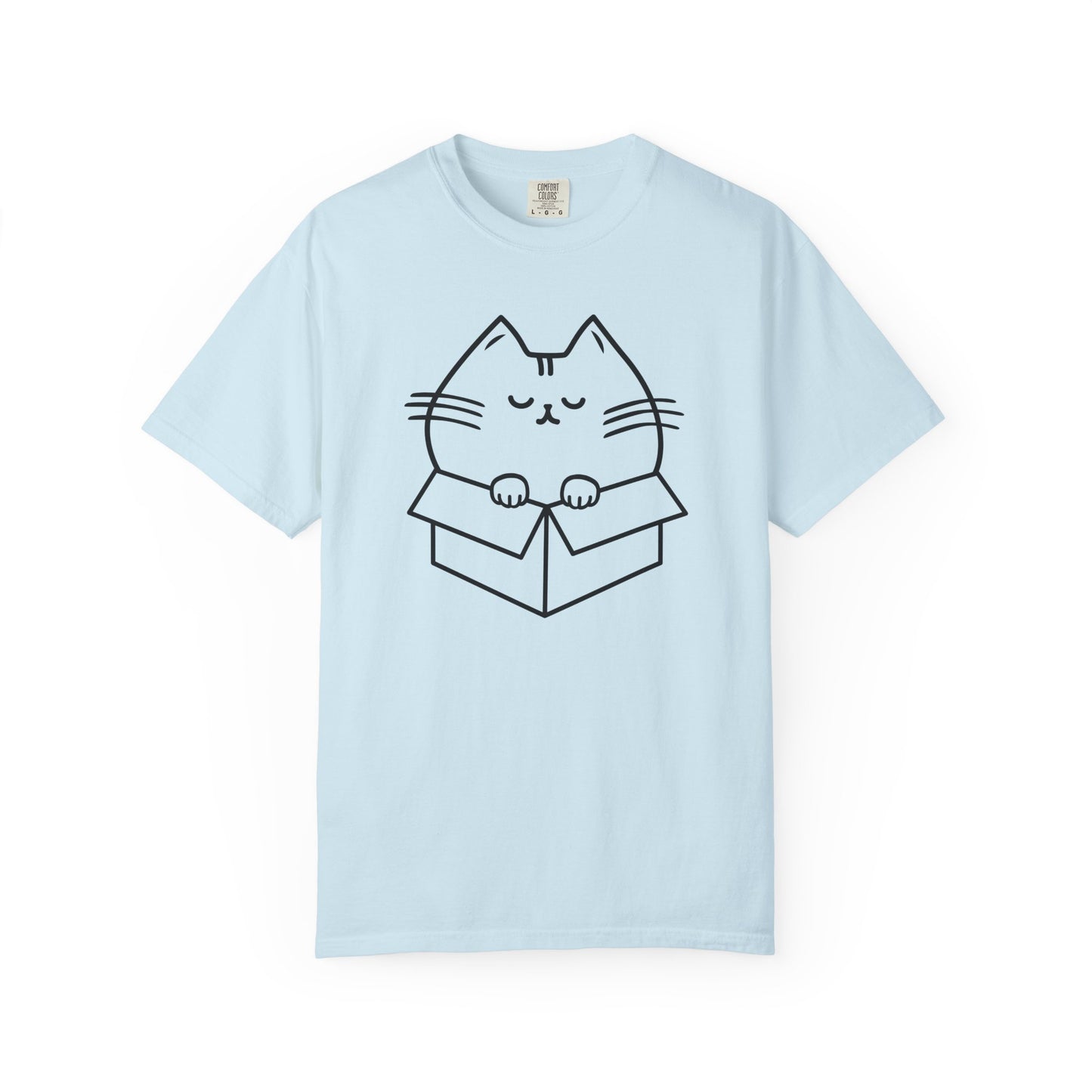 a light blue t-shirt with a line drawing design of a chubby cat squeezed into a box