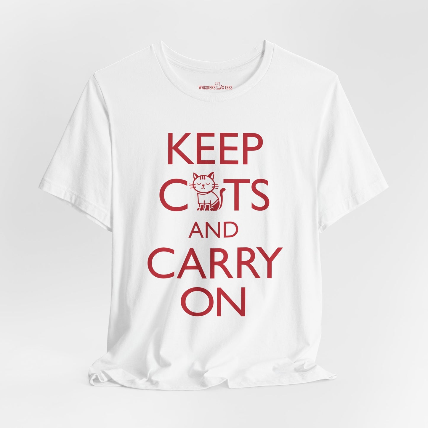 white t-shirt with 'Keep Cats and Carry On' text on the front that incorporates the graphic of a nonchalant cat