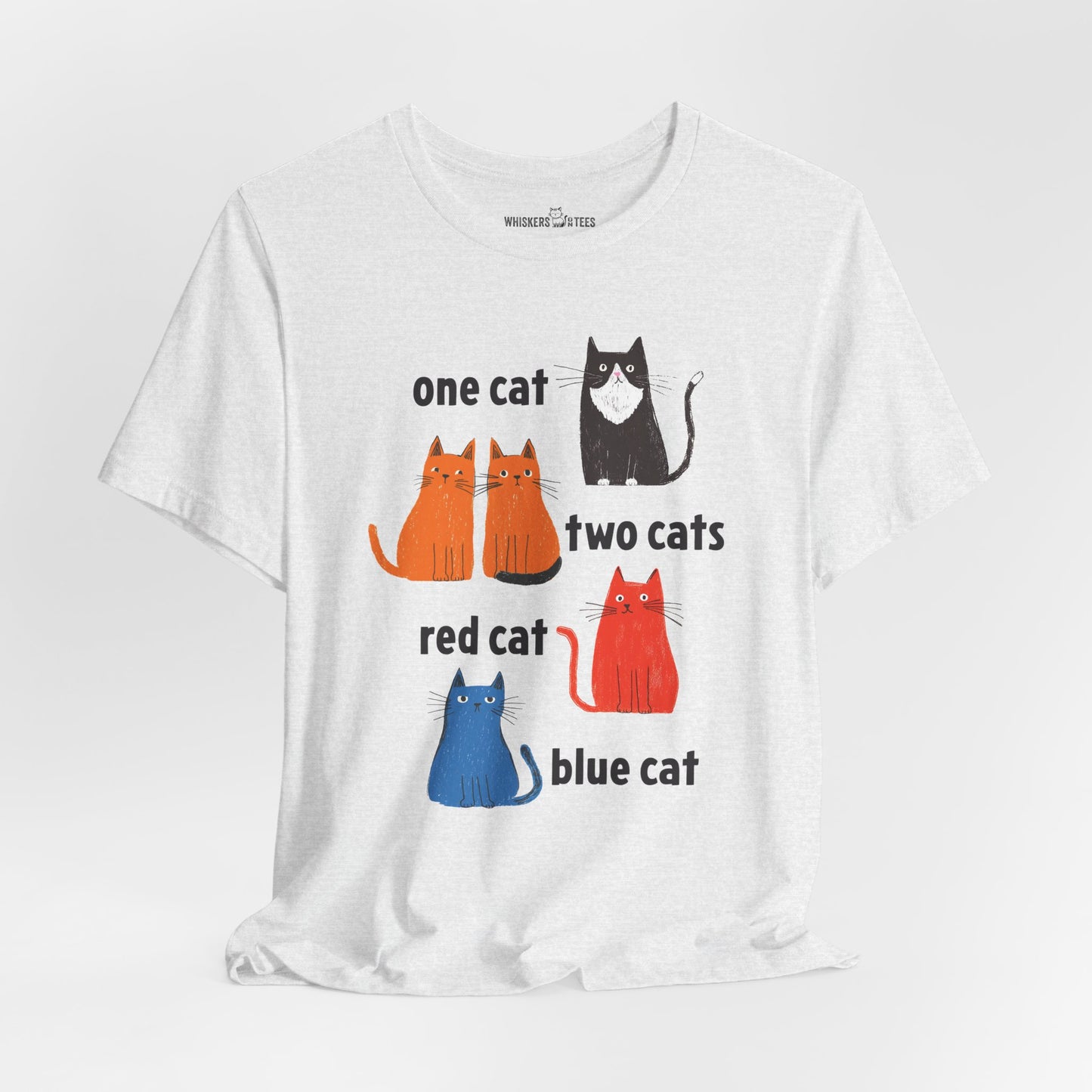 a light gray heather graphic t-shirt featuring one tuxedo cat, two orange cats, one red cat, and one blue cat