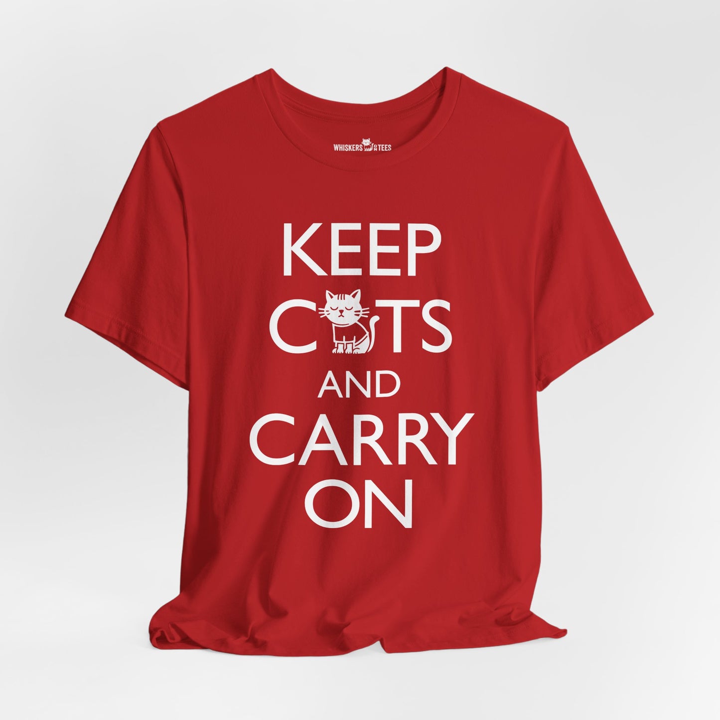 red t-shirt with 'Keep Cats and Carry On' text on the front that incorporates the graphic of a nonchalant cat