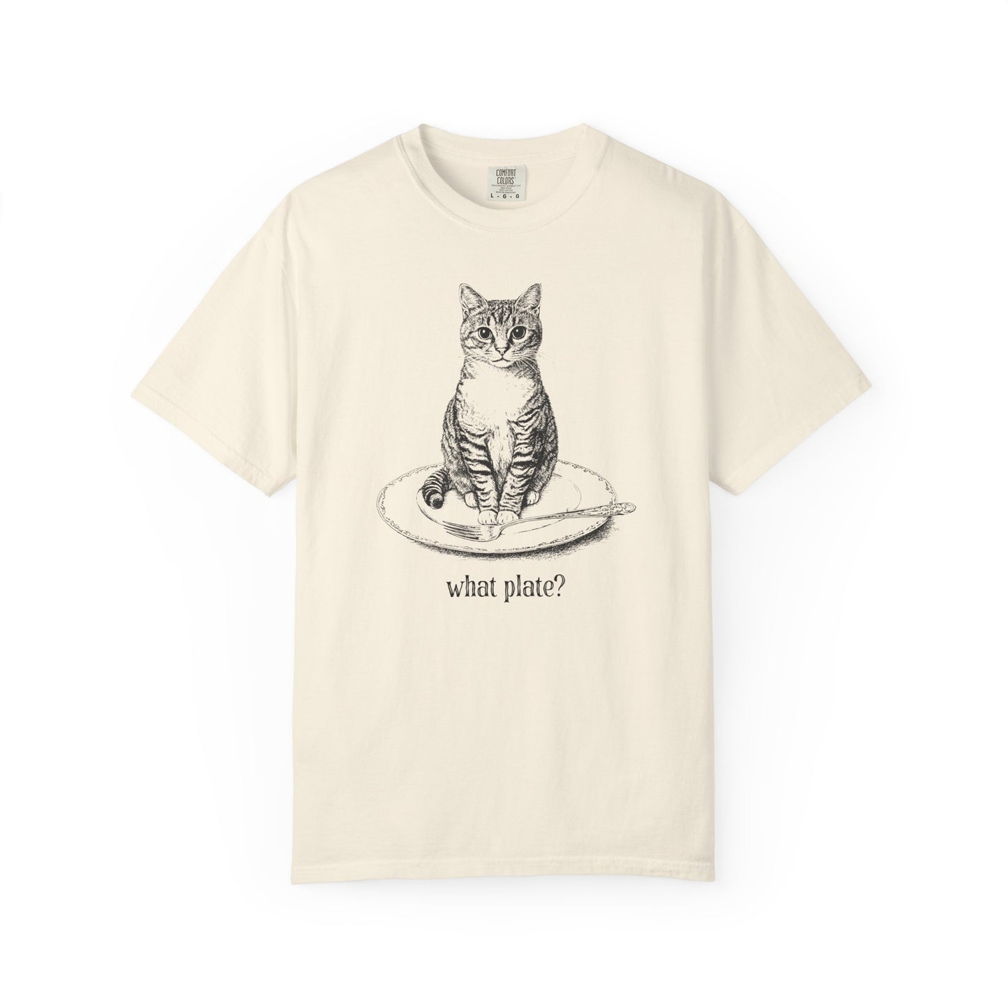 an ivory t-shirt with a detailed drawing of a cat on a dinner plate with fork, with text "What Plate?"