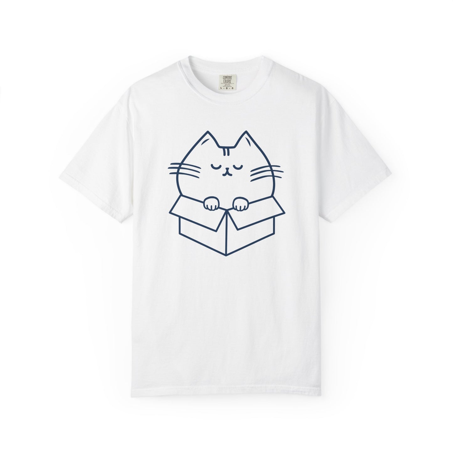 a white t-shirt with a line drawing design of a chubby cat squeezed into a box