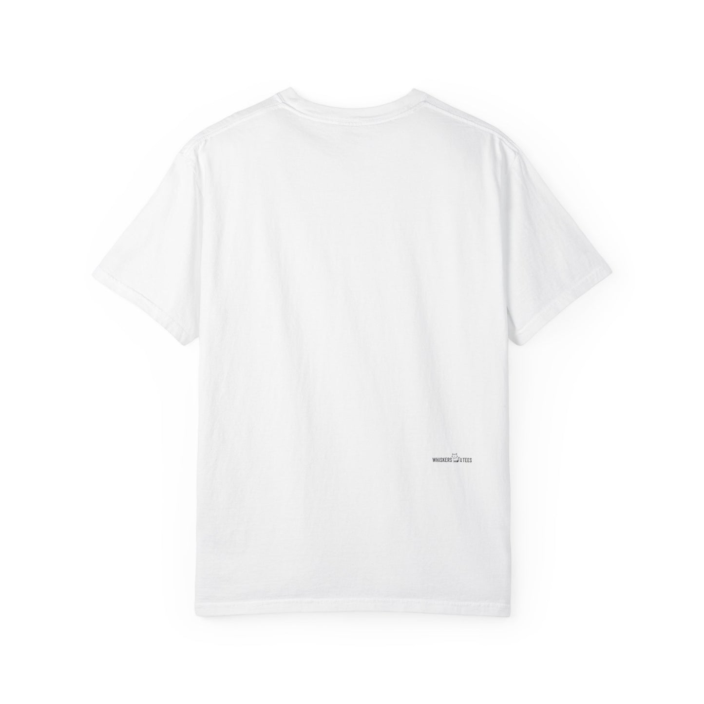 backside of white t-shirt with small logotype "Whiskers On Tees"