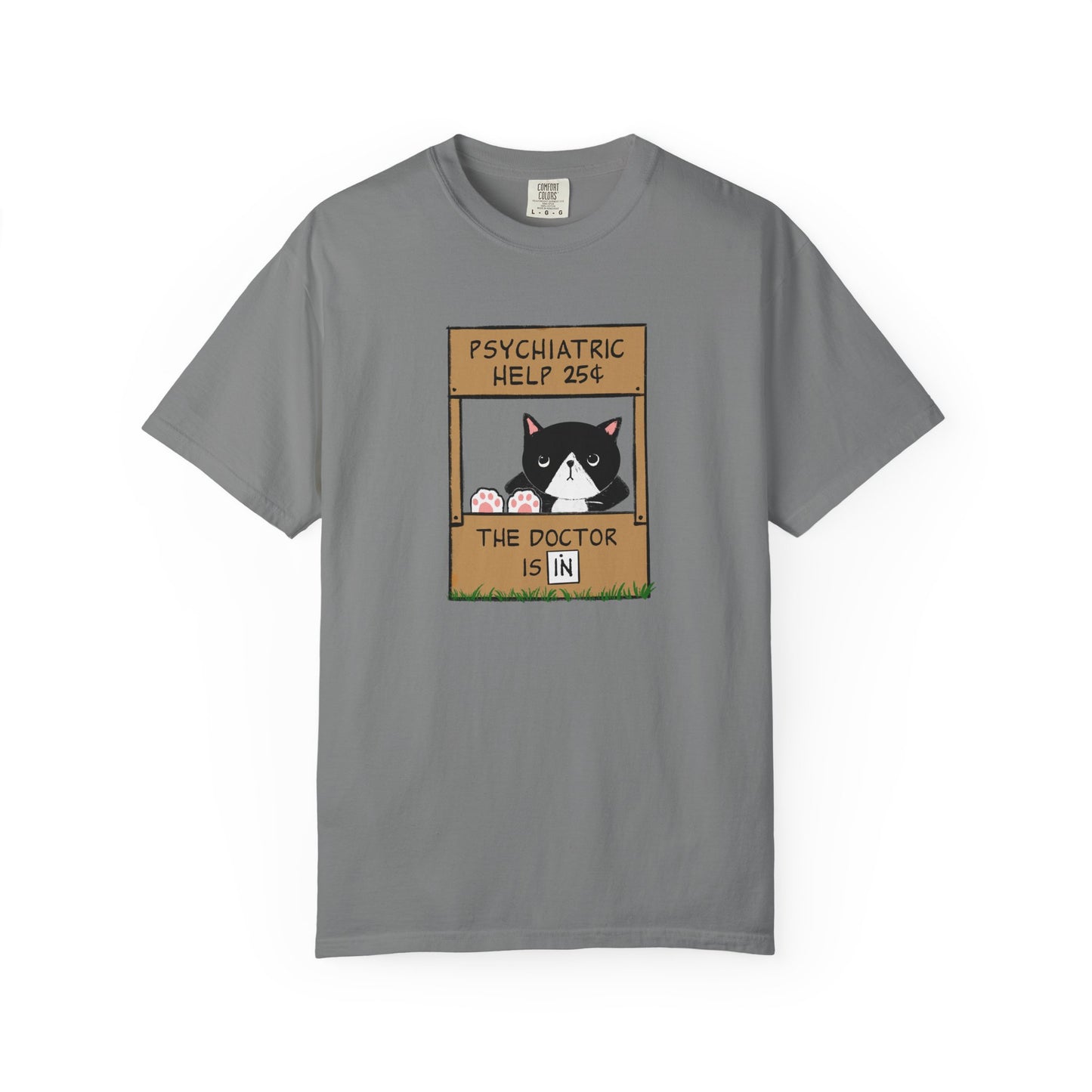 a gray t-shirt with a graphic of a cat with feet up on the counter of a booth showing signs reading "Psychiatric Help 25 cents" and "The Doctor is IN"