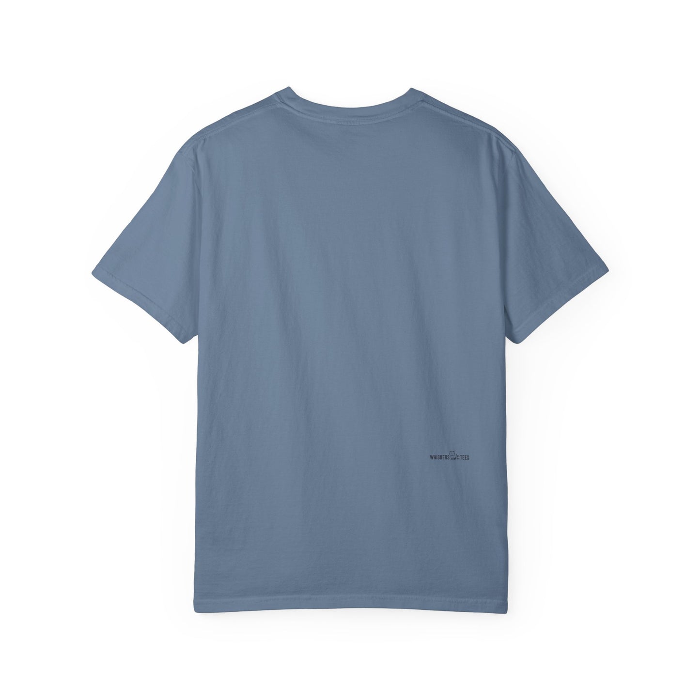back side of a blue t-shirt showing a small logotype for "Whiskers On Tees"