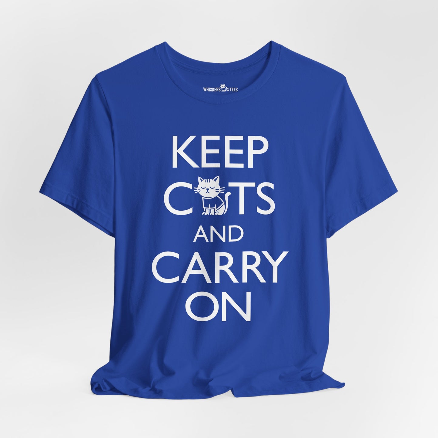 royal blue t-shirt with 'Keep Cats and Carry On' text on the front that incorporates the graphic of a nonchalant cat