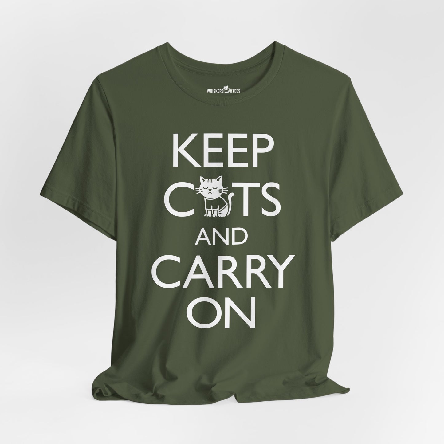 army green t-shirt with 'Keep Cats and Carry On' text on the front that incorporates the graphic of a nonchalant cat