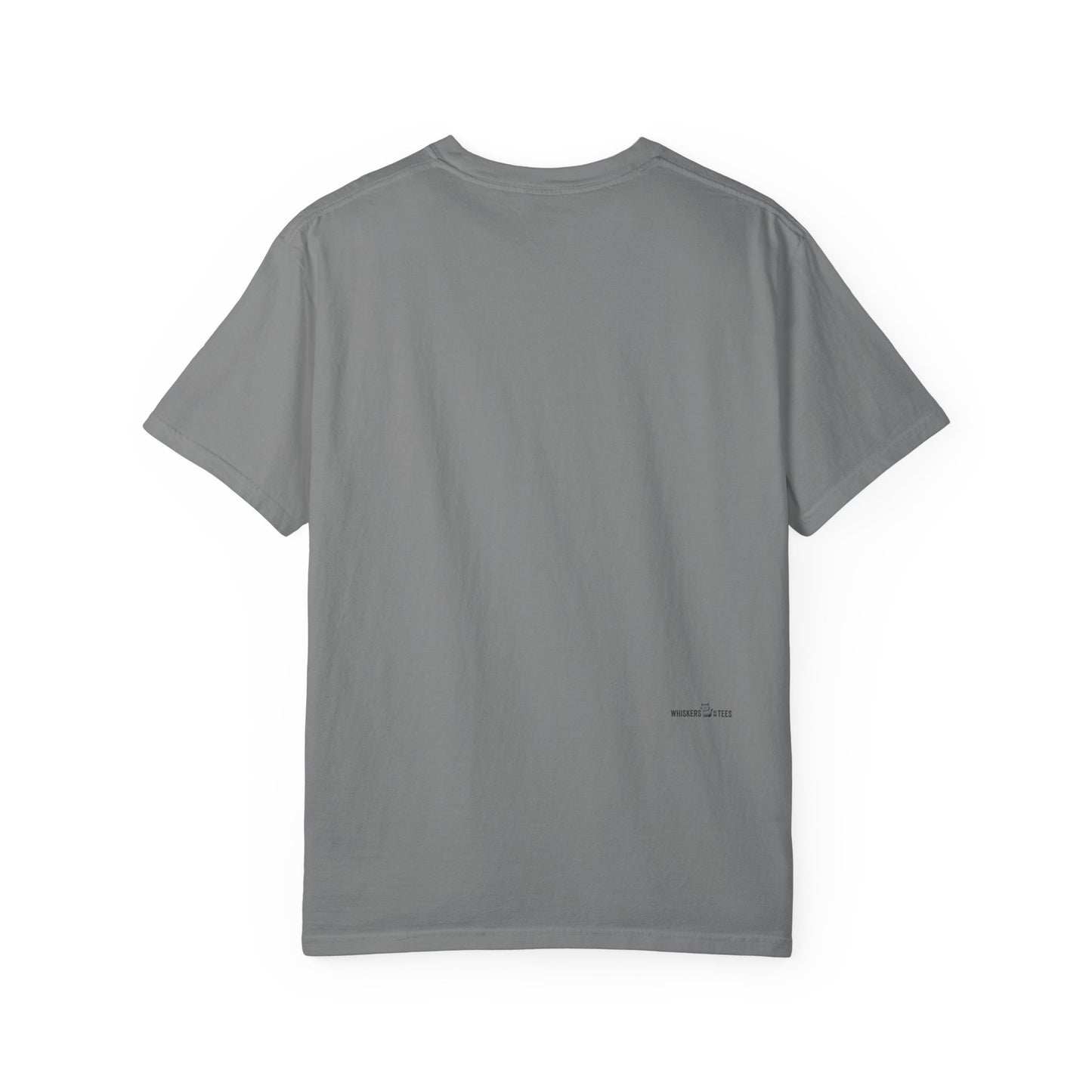 back side of a gray t-shirt showing a small logotype for "Whiskers On Tees"
