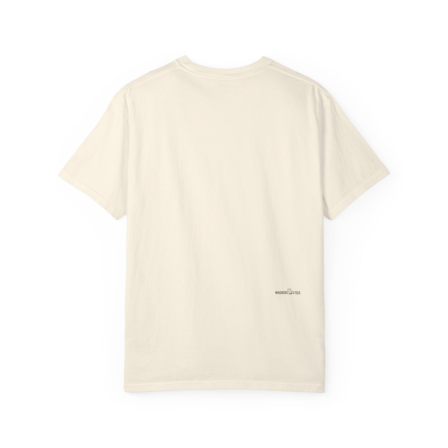 Backside of an ivory tshirt with small logotype "Whiskers On Tees"