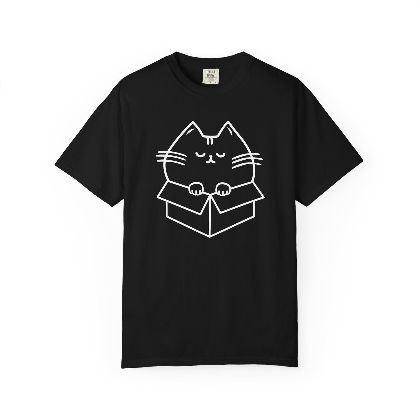 a black t-shirt with a line drawing design of a chubby cat squeezed into a box