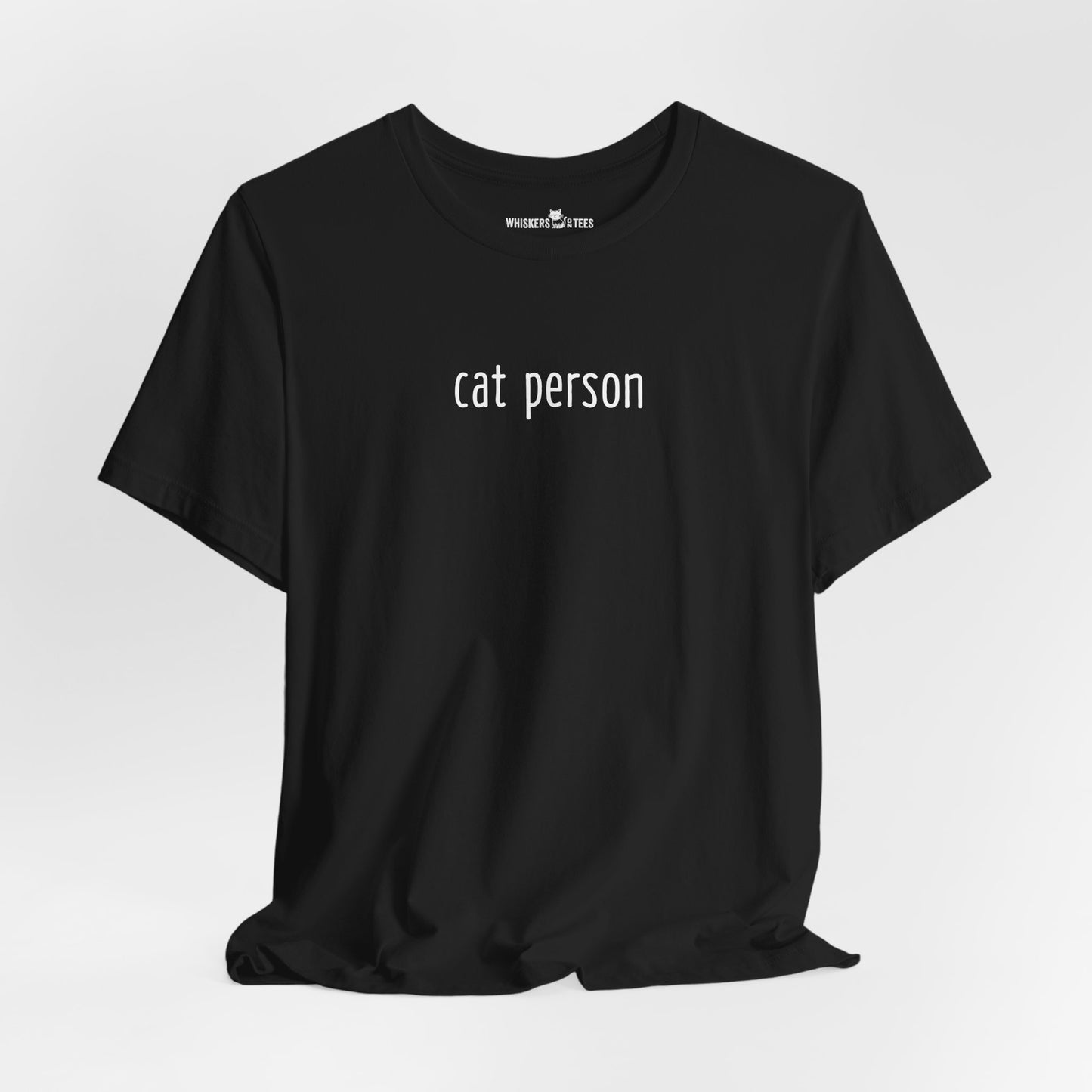 a black t-shirt with 'cat person' text in white