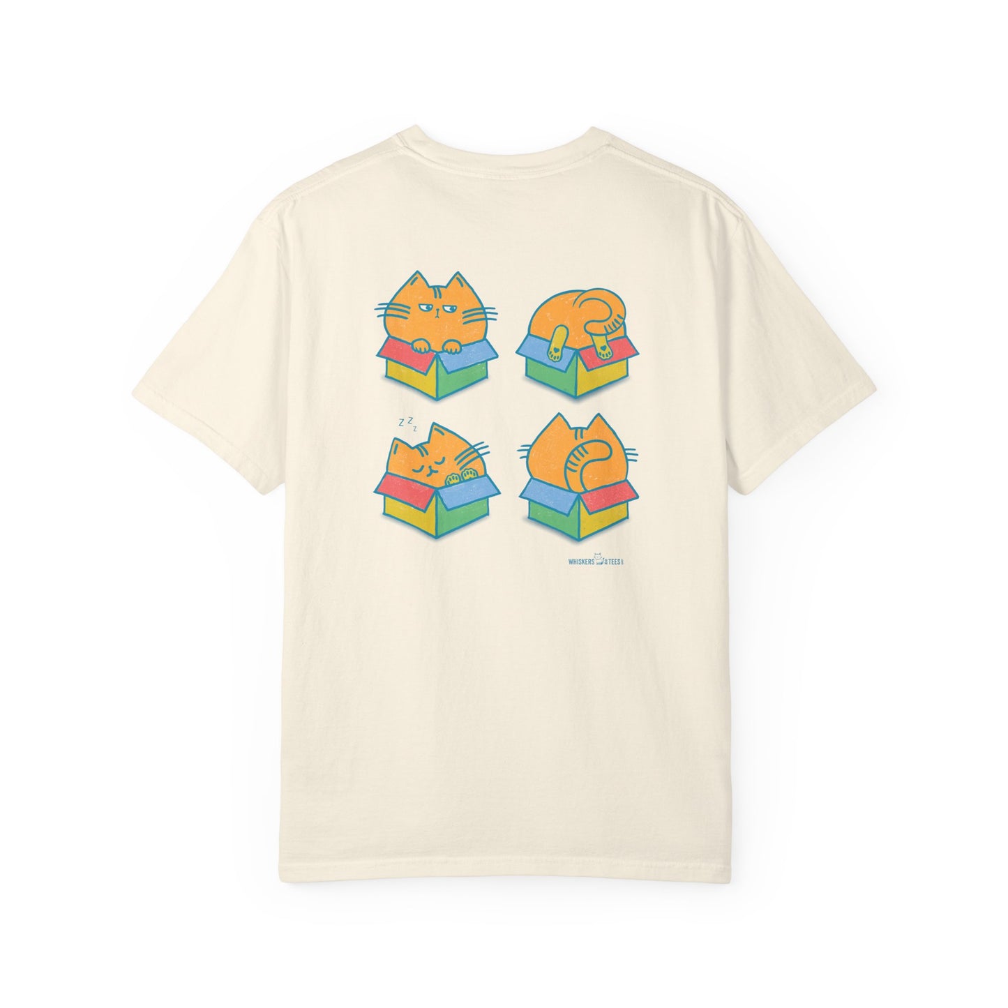 the backside of an ivory graphic t-shirt with four chubby orange cats, each in its own colorful box