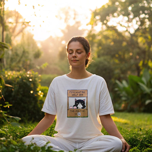 woman sitting with legs crossed and eyes closed, wearing a white t-shirt with a graphic of a cat with feet up on the counter of a booth showing signs reading "Psychiatric Help 25 cents" and "The Doctor is IN"