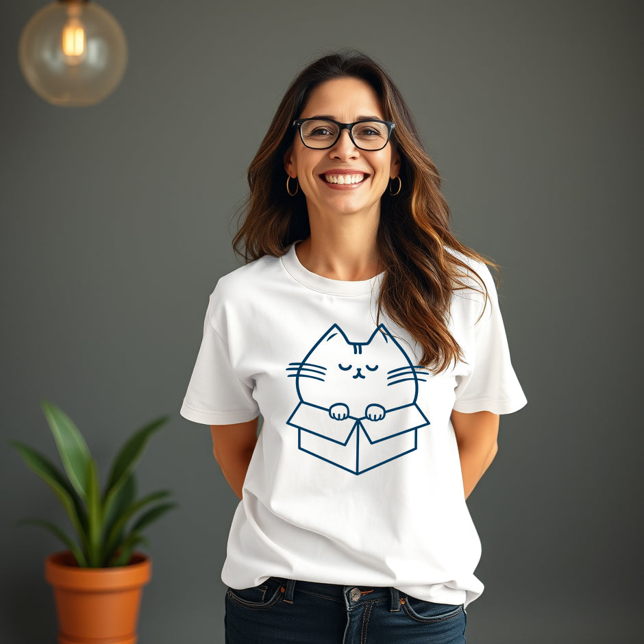 Person wearing a white t-shirt with a line drawing design of a chubby cat squeezed into a box