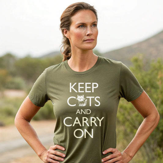 woman wearing an army green t-shirt with 'Keep Cats and Carry On' text on the front that incorporates the graphic of a nonchalant cat