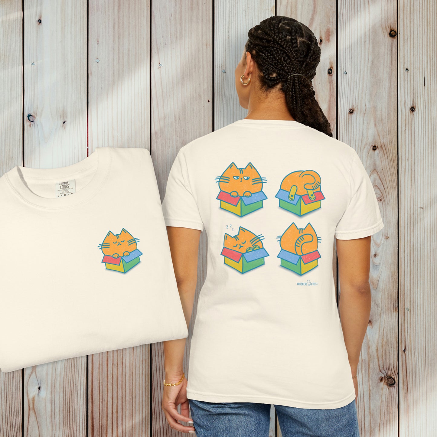 person wearing an ivory graphic t-shirt with chubby orange cat in a color box on the inset front view of the shirt, and four chubby orange cats each in its own colorful box on the back of the shirt