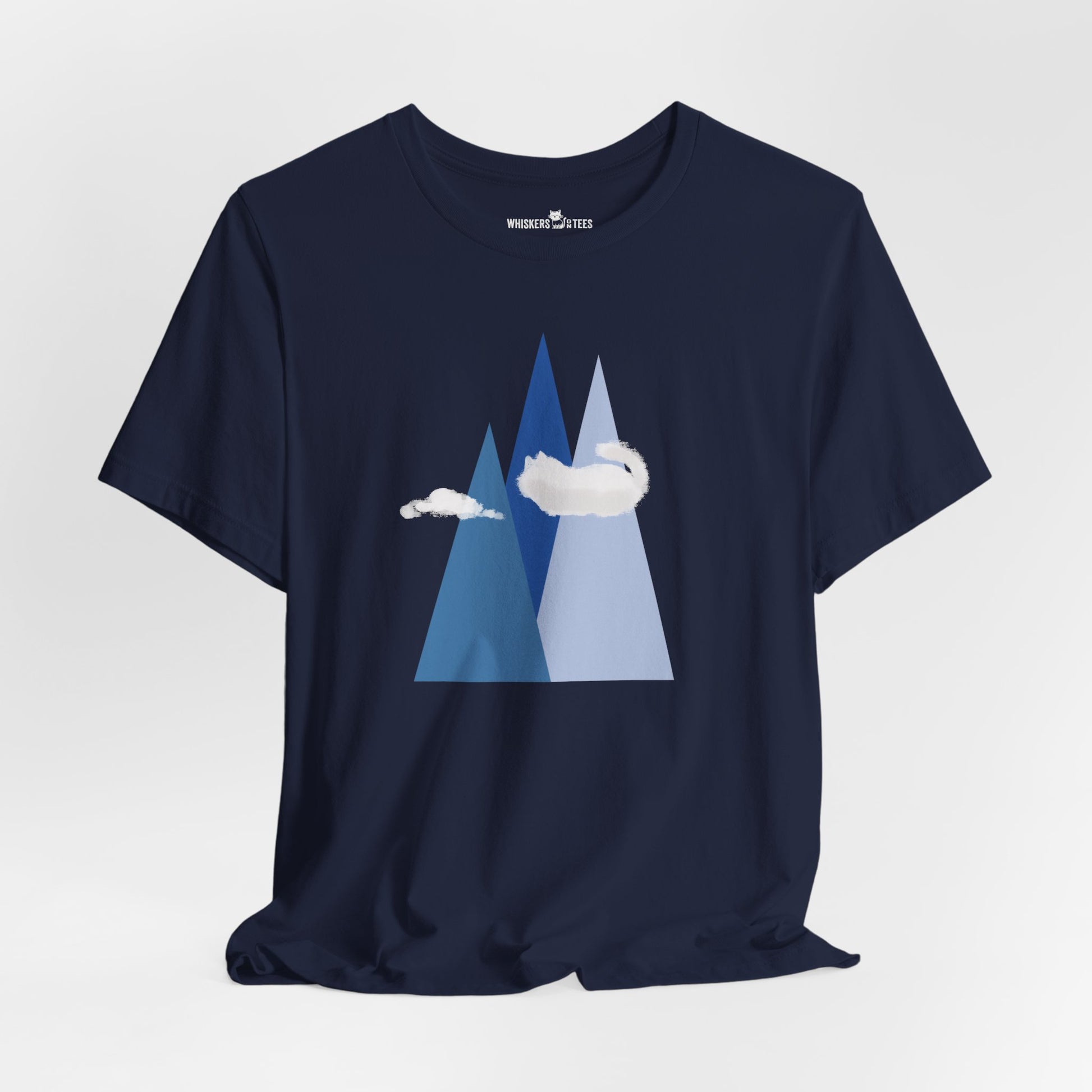Navy blue t-shirt with mountain and cat cloud graphic