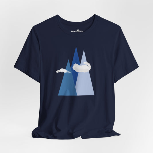 Navy blue t-shirt with mountain and cat cloud graphic
