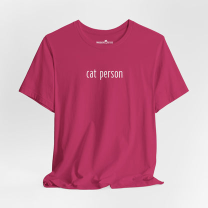 a pink t-shirt with words 'cat person' printed in white