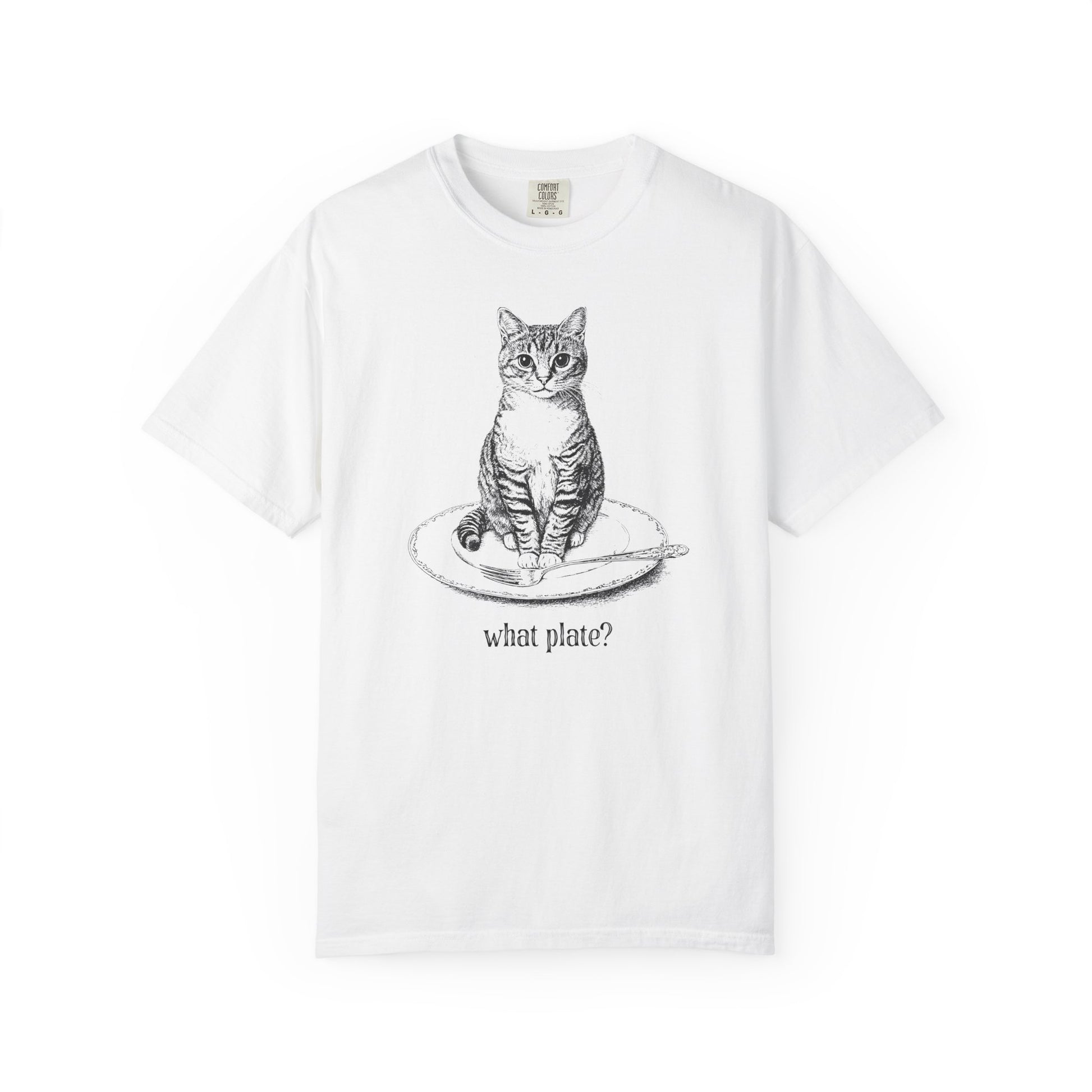 a white t-shirt with a detailed drawing of a cat on a dinner plate with fork, with text "What Plate?"