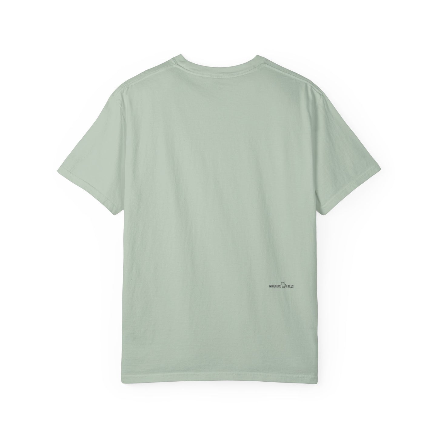 backside of sage green t-shirt with small logotype "Whiskers On Tees"