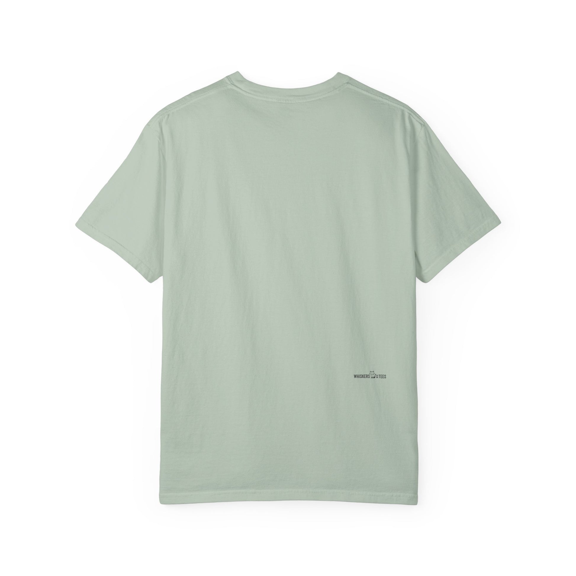 backside of sage green t-shirt with small logotype "Whiskers On Tees"