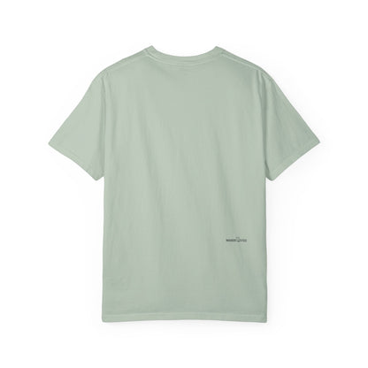 backside of sage green t-shirt with small logotype "Whiskers On Tees"