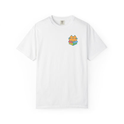 front view of a white graphic t-shirt with chubby orange cat in a color box