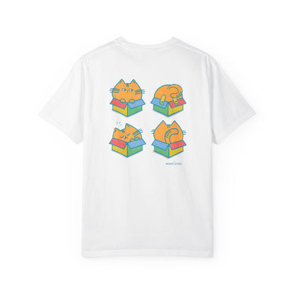 backside of a white graphic t-shirt with  four chubby orange cats each in its own colorful box