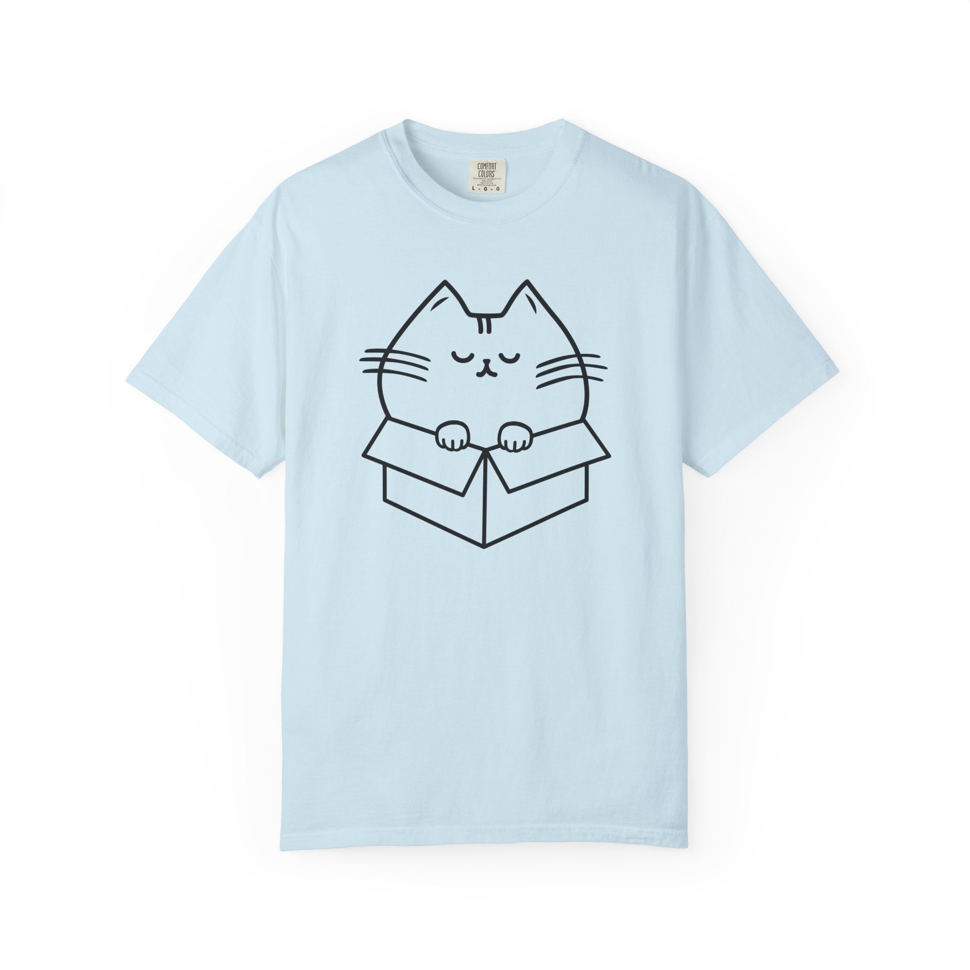 a light blue t-shirt with a line drawing design of a chubby cat squeezed into a box