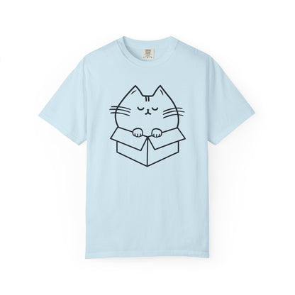 a light blue t-shirt with a line drawing design of a chubby cat squeezed into a box