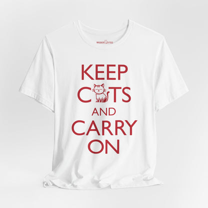 white t-shirt with 'Keep Cats and Carry On' text on the front that incorporates the graphic of a nonchalant cat