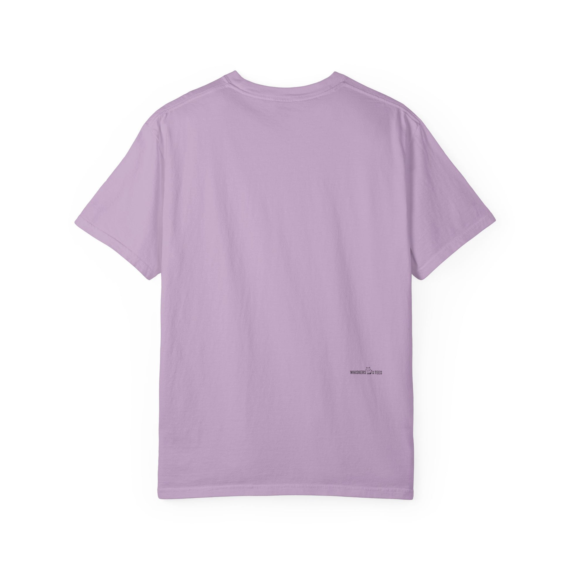 backside of light purple t-shirt with small logotype "Whiskers On Tees"