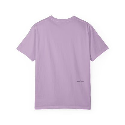 backside of light purple t-shirt with small logotype "Whiskers On Tees"