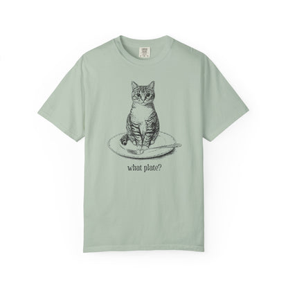 a sage green t-shirt with a detailed drawing of a cat on a dinner plate with fork, with text "What Plate?"