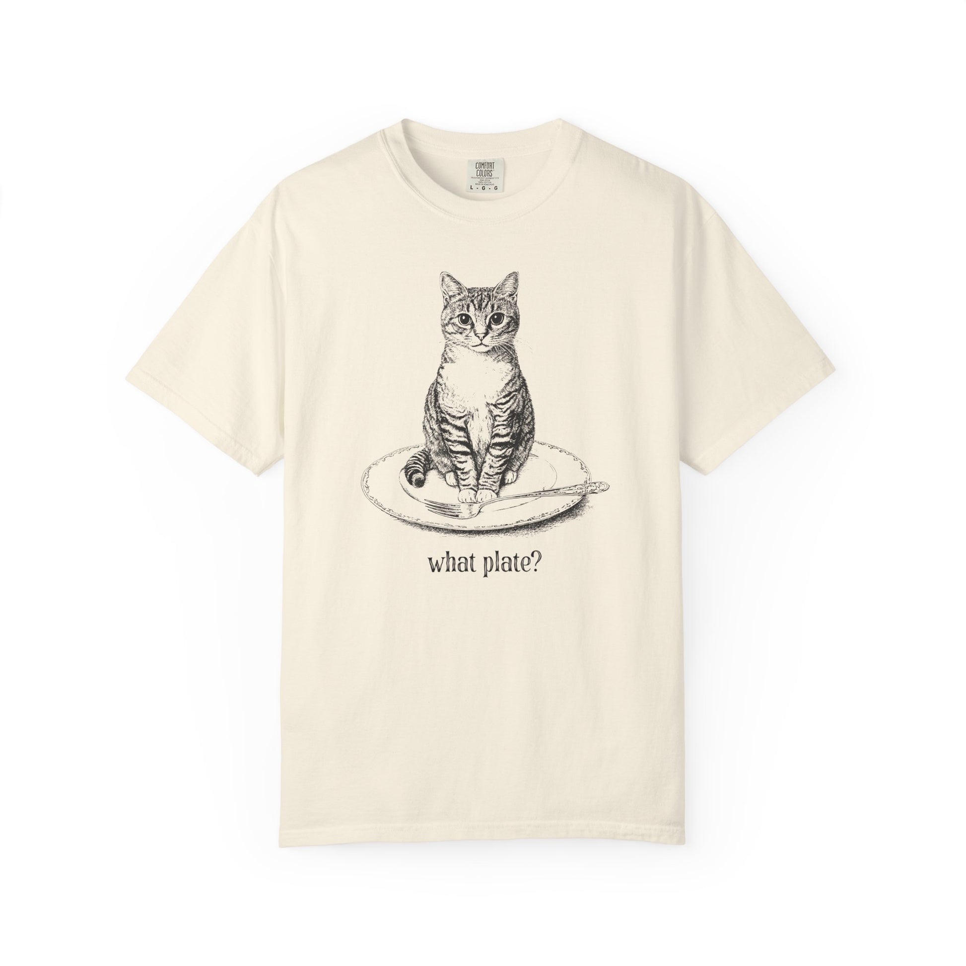 an ivory t-shirt with a detailed drawing of a cat on a dinner plate with fork, with text "What Plate?"