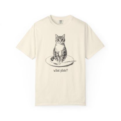 an ivory t-shirt with a detailed drawing of a cat on a dinner plate with fork, with text "What Plate?"