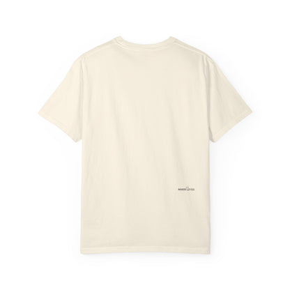 backside of ivory t-shirt with small logotype "Whiskers On Tees"