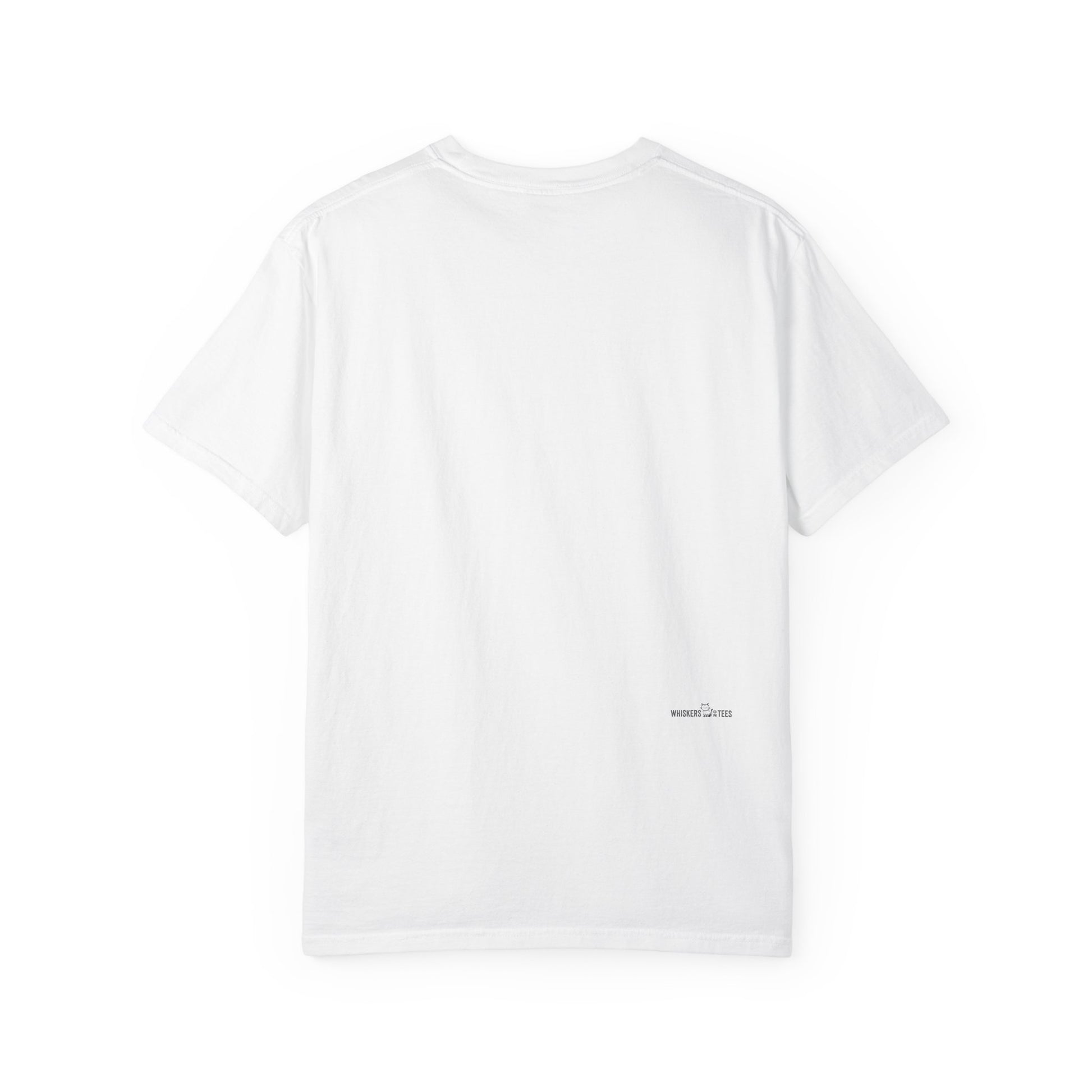 backside of white t-shirt with small logotype "Whiskers On Tees"