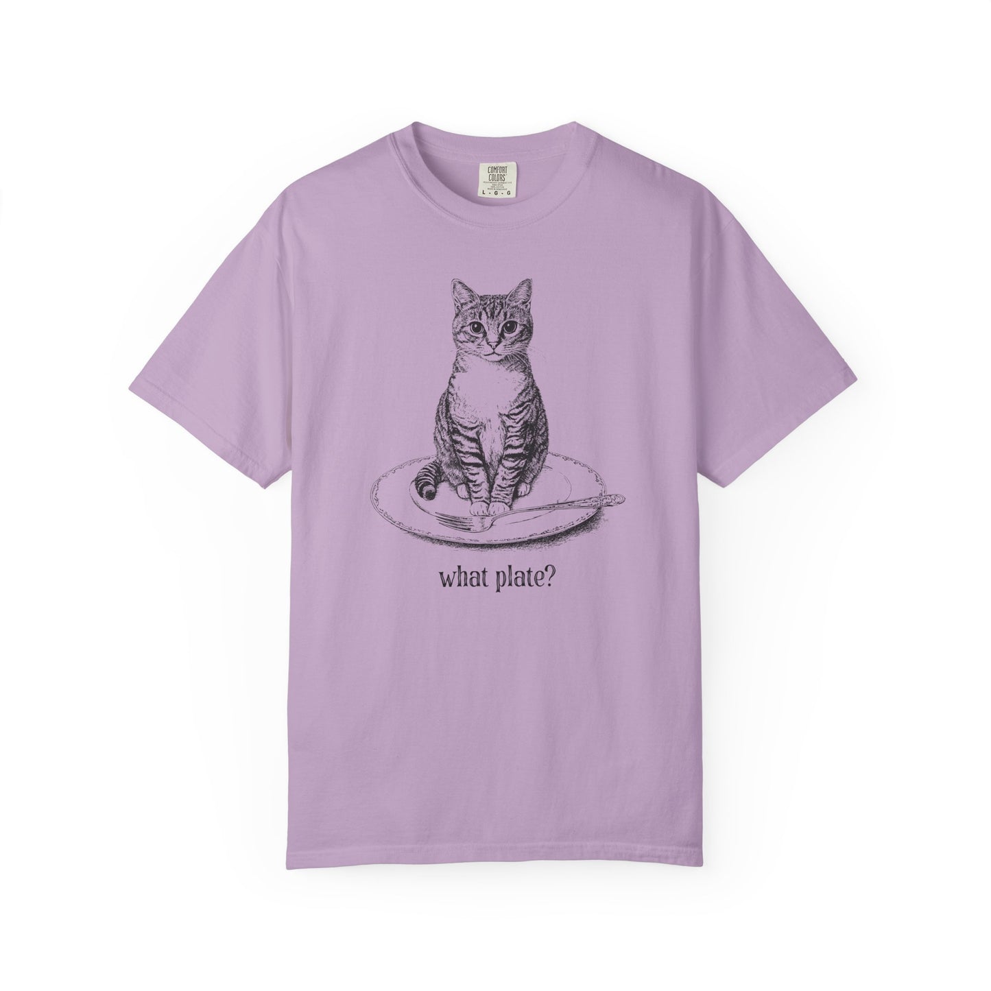 a light purple t-shirt with a detailed drawing of a cat on a dinner plate with fork, with text "What Plate?"