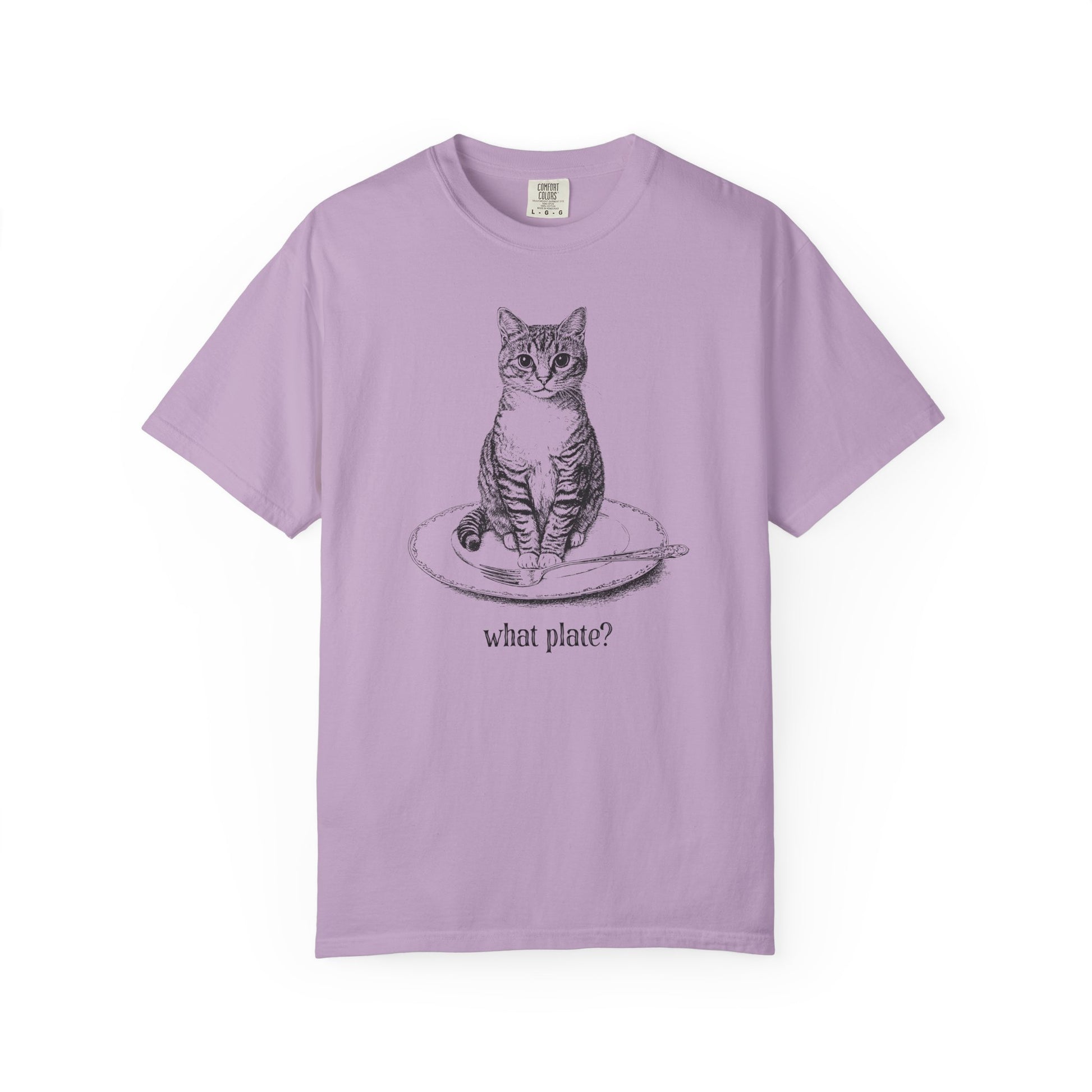 a light purple t-shirt with a detailed drawing of a cat on a dinner plate with fork, with text "What Plate?"