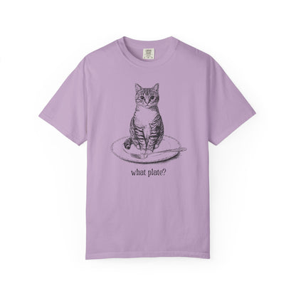 a light purple t-shirt with a detailed drawing of a cat on a dinner plate with fork, with text "What Plate?"
