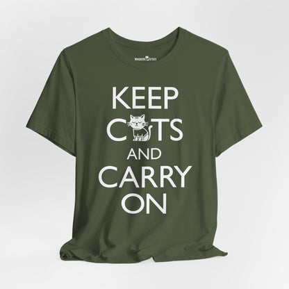 army green t-shirt with 'Keep Cats and Carry On' text on the front that incorporates the graphic of a nonchalant cat