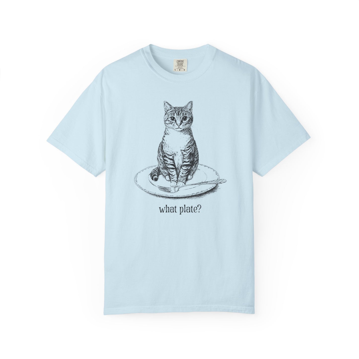 a light blue t-shirt with a detailed drawing of a cat on a dinner plate with fork, with text "What Plate?"